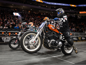 Motorcyclist getting ready at the start of a race inside Fiserv Forum for Flat Out Friday.