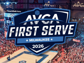 AVCA First Serve 2026 logo layered on a photo of a volleyball court and crowd from an overhead perspective.
