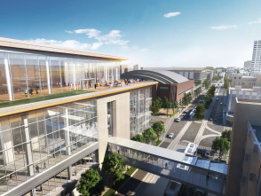 a rendering of the expanded Baird Center highlighting the outdoor terrace and skywalk looking north