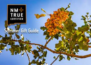 ripening orange pistachios on a branch are highlighted by a bright blue sky and bright sun. Text reads on an emblem NM True Certified, Summer Gift Guide