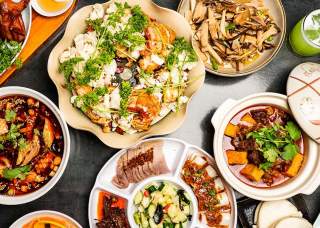 Overhead view of Asian food spread