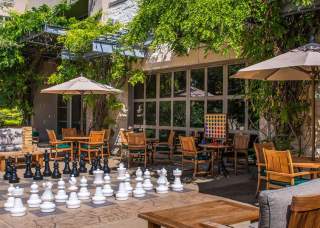 Hotel patio with enlarged chess game