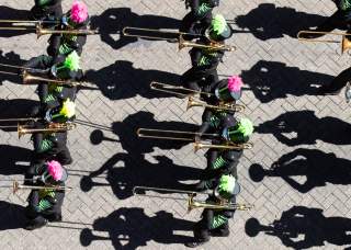 Overhead view of marching band in Battle of Flowers Parade at Fiesta