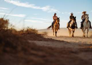 three people on horseback riding through the desert