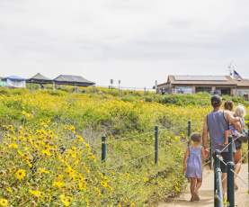 Family walking alongside yellow wild flowers at the Dana Point Headlands Conservation Area