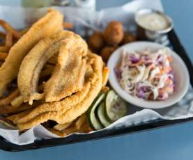 Fried Catfish with slaw, hush puppies and fries - High Hat New Orleans