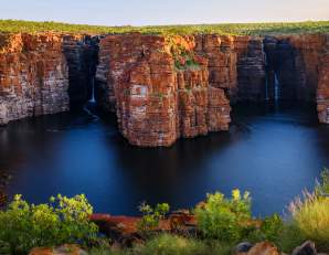 A view of the twin waterfalls at King George Falls on the Kimberley coast, taken from a viewing point on land directly opposite the falls