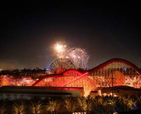 Disney fireworks lighting up the night sky over a brightly illuminated roller coaster and Ferris wheel at a theme park in Anaheim, California.
