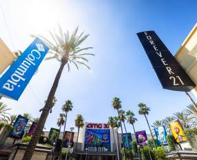 Anaheim GardenWalk outdoor shopping center featuring palm trees, colorful signage, AMC Theatres, and surrounding retail storefronts under a clear blue sky.
