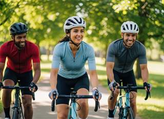 Two men and a woman riding bikes