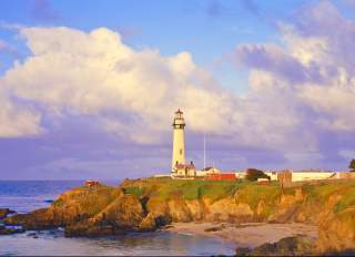 The Pigeon Point Lighthouse at golden hour on the San Francisco Peninsula.
