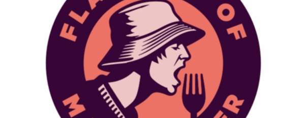 “Flavours of Manchester” logo featuring a stylised profile holding a fork, in peach and burgundy colours on a plain background.