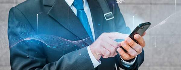 A man scrolling through his phone with a graphic imposed over the photo.