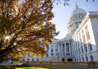 The Wisconsin State Capitol building in the fall.