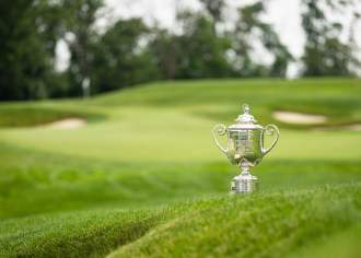 The Wanamaker Trophy sitting on the fairway of Aronimink Golf Course in Newtown Square