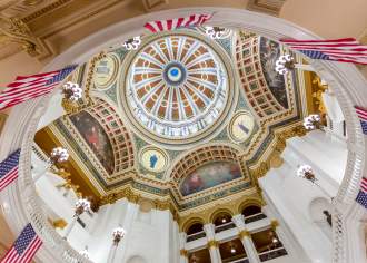 A colorful roof of the rotunda at the Capitol Building in Harrisburg