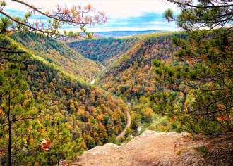Landscape view looking out over a river gorge with fall foliage