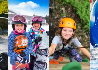 Collage of four images with kids doing outdoor activities in each