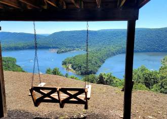 A swing overlooking a lake on a sunny day
