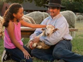 girl petting a sheep at nash farm