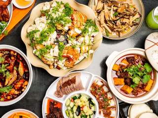 Overhead view of Asian food spread