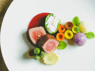 Overhead view of plate of food