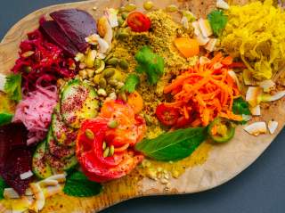 Overhead view of different foods on cutting board