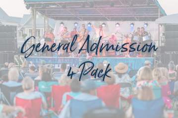 Text reading "General Admission 4 Pack" on top of a transparent photo of a crowd in front of a concert stage