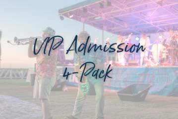 Text reads "VIP Admission 4 pack" on top of a transparent photo of two saxophone players playing in front of a band stage.