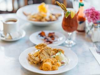 Bananas Foster French Toast and Breakfast Seafood Platter - Brunch at Stanley