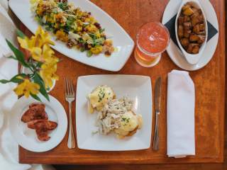 Eggs Atchafalaya, Cauliflower Salad, Andouille Sausage, Potatoes, Stars & Garters (tequila blanco, mezcal, pamplemousse liqueur) - Atchafalaya