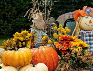 Pumpkins and plush fall themed dolls sitting on hay bales against a truck