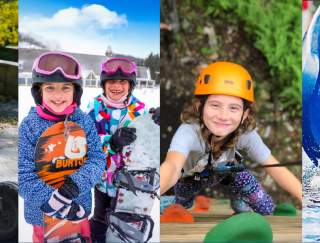 Collage of four images with kids doing outdoor activities in each