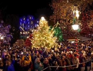 Large crowd around a glowing Christmas tree at night