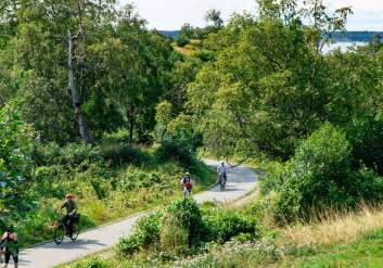 People walking and biking along the Coastal Trail in Kincaid Park