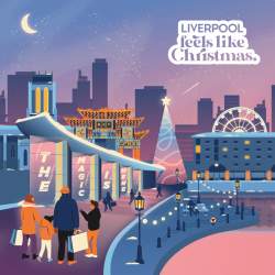 An illustration of Liverpool's iconic places at Christmas time