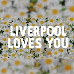 The text 'Liverpool Loves You' in white capital letters over a background of dasies