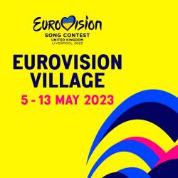 Eurovision Village 5 - 13 May on a yellow background with blue and pink hearts