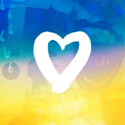 A white heart on a blue and yellow background
