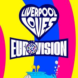 Join us in 11 May 24, a heart with the words 'Liverpool Loves' inside and the word 'Eurovision with a disco ball as the O' there's a blue and yellow submarine graphic on a pink, yellow and blue background.
