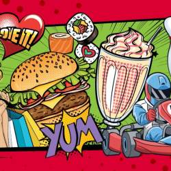 A pop art style artwork which features a go kart and food and drink,
