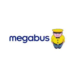 Megabus logo with a plump cartoon figure wearing a yellow jacket and flat cap.