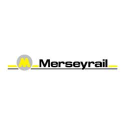 A yellow 'M' in a grey circle with the text 'merseyrail' in black text next to it.