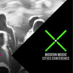 A green x shape on 'Modern Music Cities Conference' with a crowd in the background