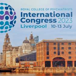 The Royal Albert Dock and Liver Building cross section with the words 'Royal College of Psychiatrists International Congress 2023 Liverpool 10-13 July