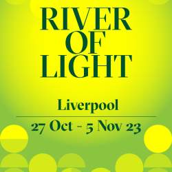 River of Light in Green Capital Letters on a yellow and lime green background
