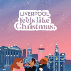 4 cartoon illustrations of people enjoying festive cheer in Liverpool with iconic landmarks behind them