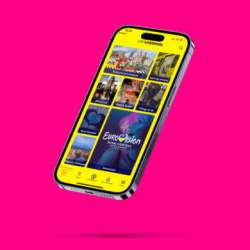 An iphone showing the VisitLiverpoo app, a grid of images on a yellow background.