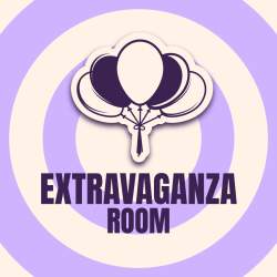 A light purple and cream background with an illustration of a group of balloons. It says 'Extravaganza Room' underneath.