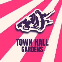 A graphic of a loud speaker with stars on that has 'Town Hall Gardens' written underneath. It's got pink and white stripes coming from the top right.